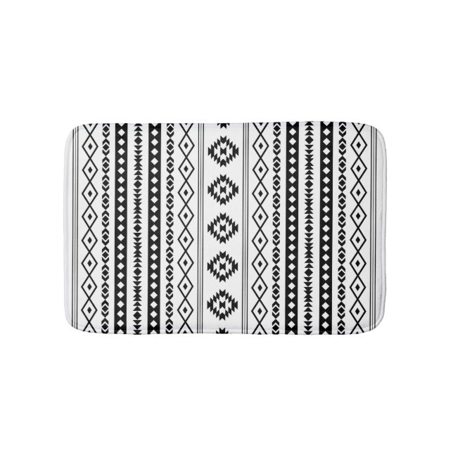 Aztec Black on White Mixed Motifs (V) Pattern Bath Mat (Front)