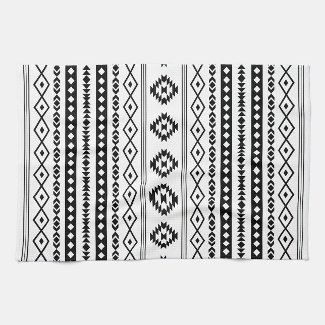 Aztec Black on White Mixed Motifs (V) Pattern Tea Towel (Horizontal)