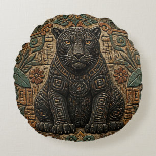 Aztec Black Panther Tribal Stone Pattern Round Cushion