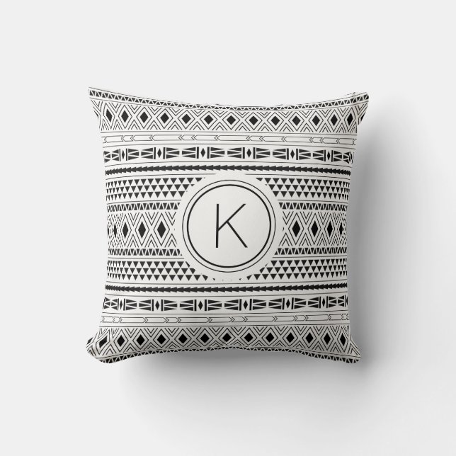 Aztec Black White Geometric Pattern Monogram Cushion (Front)