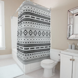 Aztec Black White Grey Mixed Motifs Pattern Shower Curtain