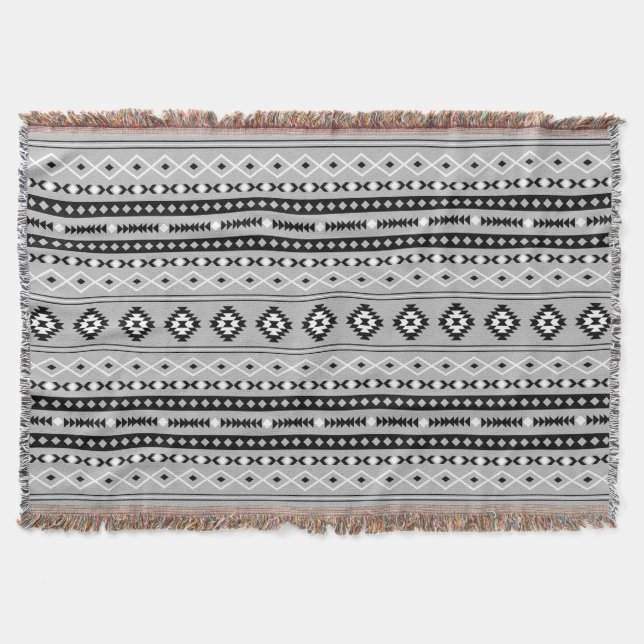 Aztec Black White Grey Mixed Motifs Pattern Throw Blanket (Front)