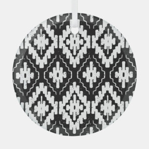 Aztec Black-White: Vintage Ethnic Print. Glass Tree Decoration