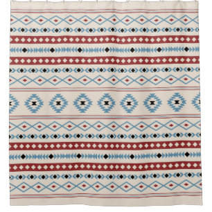Aztec Blue Red Black Cream Mixed Motifs Pattern Shower Curtain