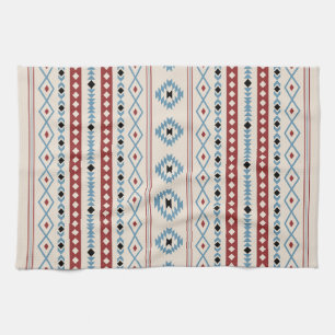 Aztec Blue Red Black Cream Mixed Motifs Pattern Tea Towel