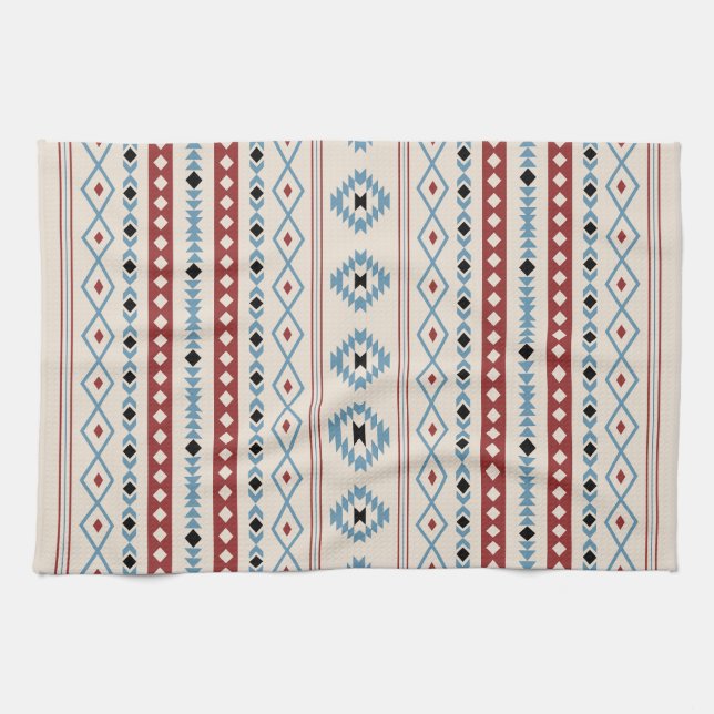 Aztec Blue Red Black Cream Mixed Motifs Pattern Tea Towel (Horizontal)