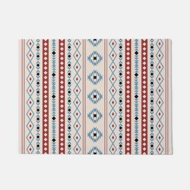 Aztec Blue Red Black Cream Mixed Motifs V Pattern Doormat (Front)
