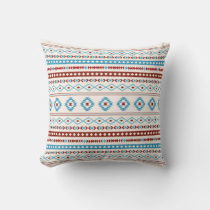 Aztec Blues Red Cream Mixed Motifs Pattern Cushion