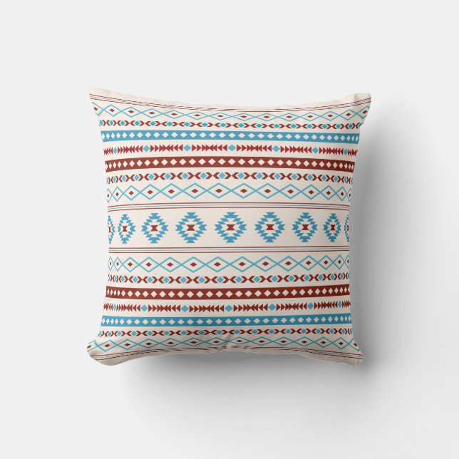 Aztec Blues Red Cream Mixed Motifs Pattern Cushion (Front)