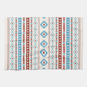 Aztec Blues Red Cream Mixed Motifs Pattern Tea Towel