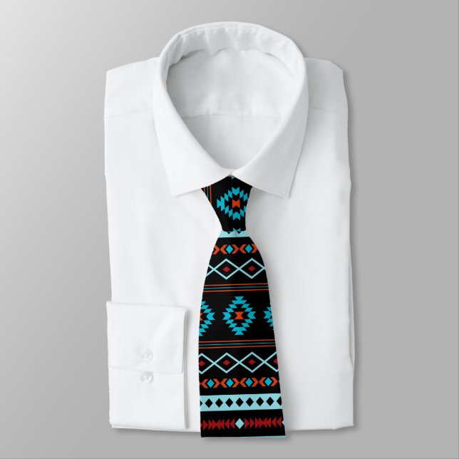 Aztec Blues Reds Black Mixed Motifs Rpt Pattern Tie (Tied)