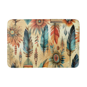 Aztec Boho Tribal Blue Feathers Bath Mat