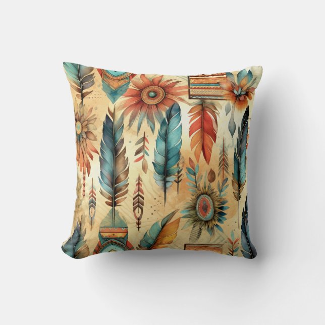Aztec Boho Tribal Blue Feathers Cushion (Front)