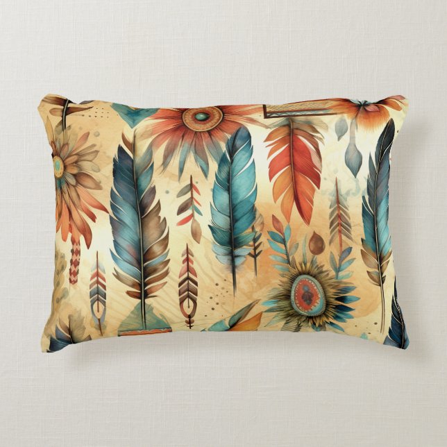 Aztec Boho Tribal Blue Feathers Decorative Cushion (Front)