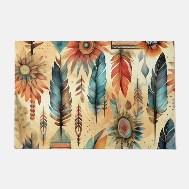 Aztec Boho Tribal Blue Feathers Doormat (Front)