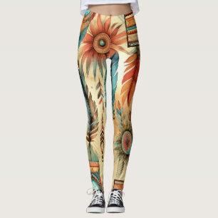 Aztec Boho Tribal Blue Feathers Leggings