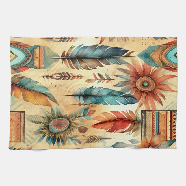 Aztec Boho Tribal Blue Feathers Tea Towel (Horizontal)