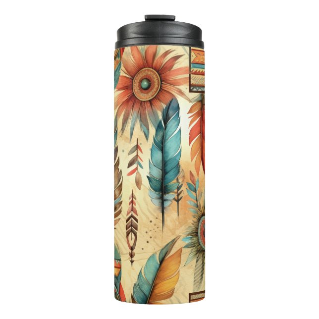Aztec Boho Tribal Blue Feathers Thermal Tumbler (Front)