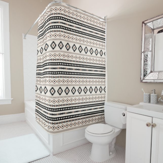 Aztec Brown Black Cream Mixed Motifs 2Part Pattern Shower Curtain (In Situ)