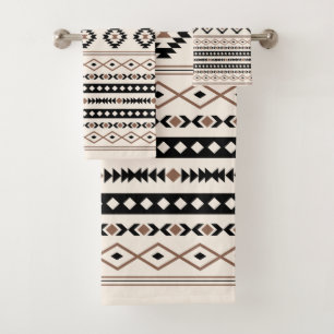 Aztec Brown Black Cream Mixed Motifs Pattern Bath Towel Set