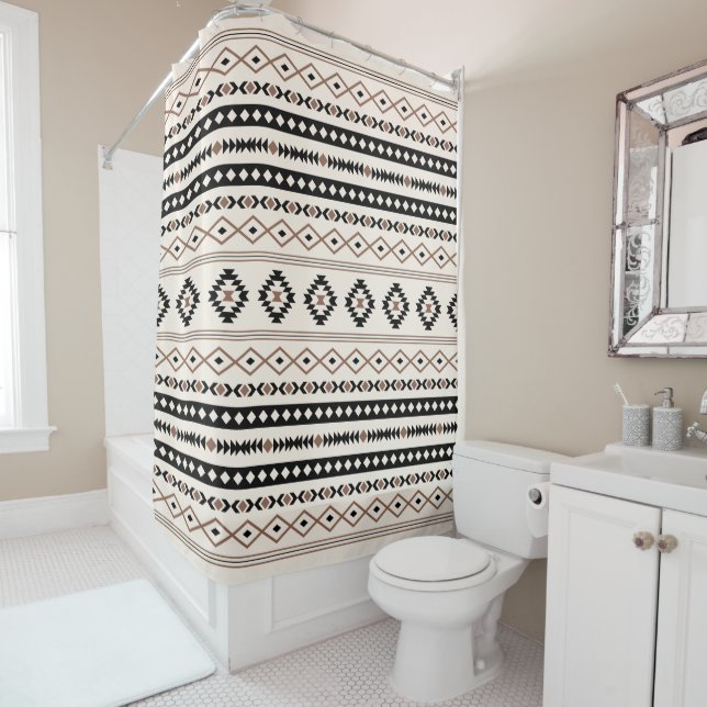 Aztec Brown Black Cream Mixed Motifs Pattern Shower Curtain (In Situ)