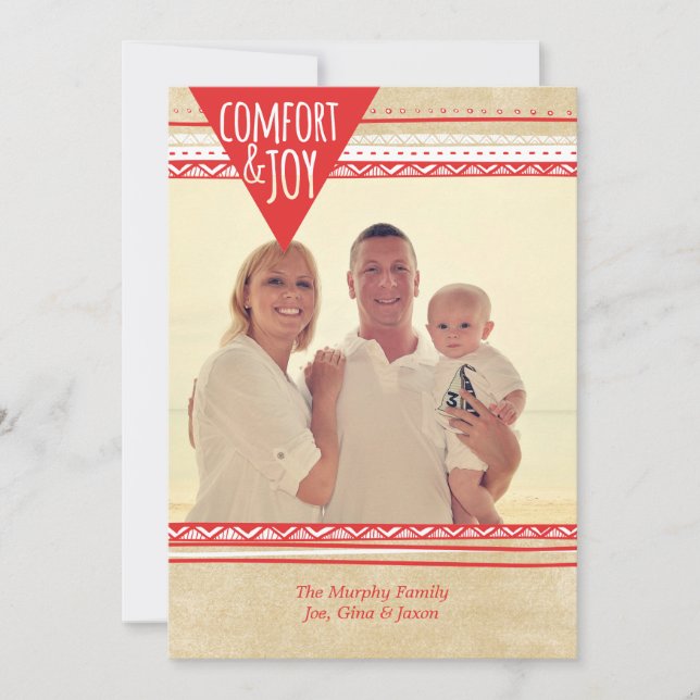 Aztec Comfort & Joy Christmas Photo Card, Red/Tan Holiday Card (Front)
