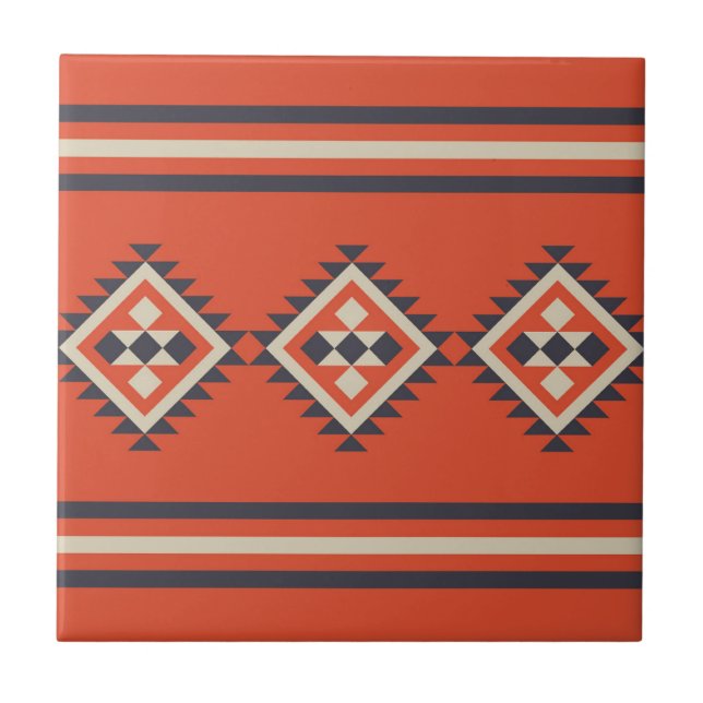 Aztec design in orange, beige and blue colours  ceramic tile (Front)