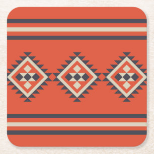 Aztec design in orange, beige and blue colours square paper coaster