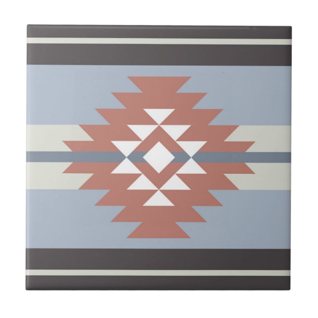 Aztec design in pink and blue colours ceramic tile (Front)