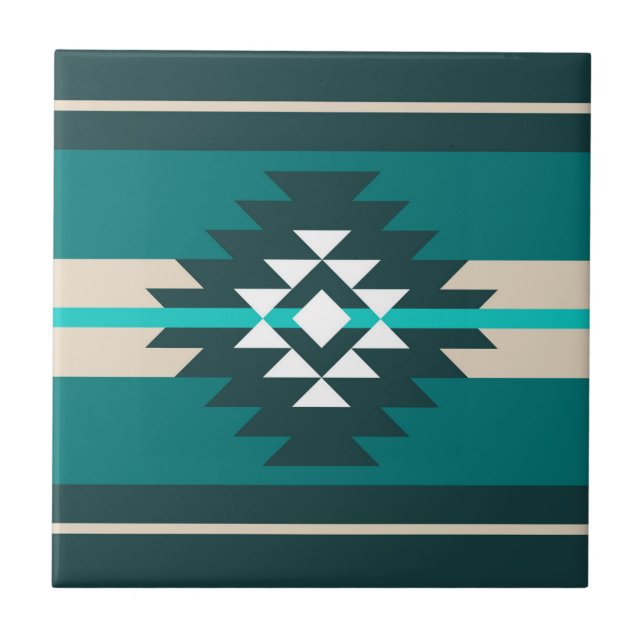 Aztec design in turquoise colour ceramic tile (Front)