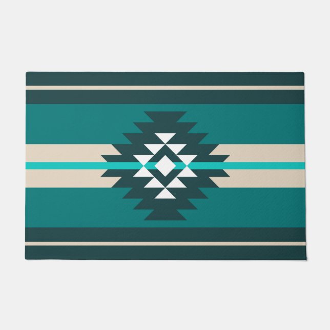 Aztec design in turquoise colour doormat (Front)