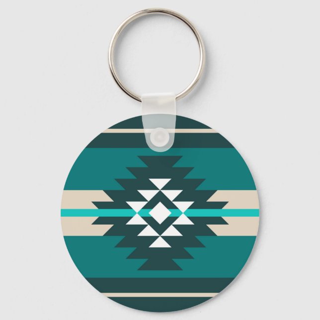 Aztec design in turquoise colour key ring (Front)