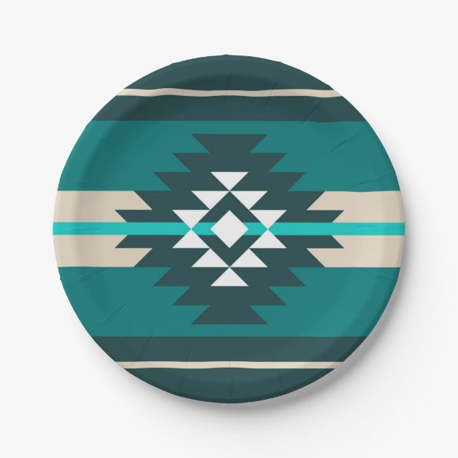 Aztec design in turquoise colour paper plate (Front)