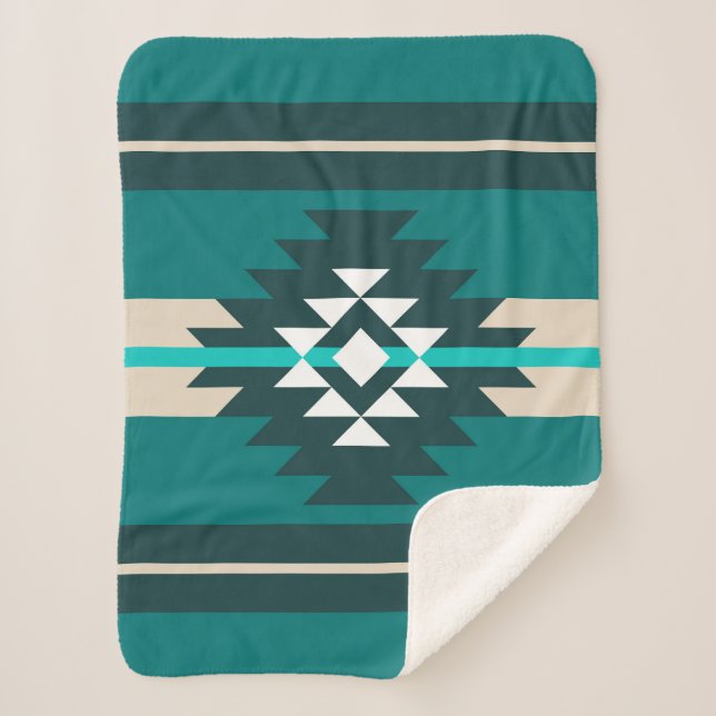 Aztec design in turquoise colour sherpa blanket (Front)