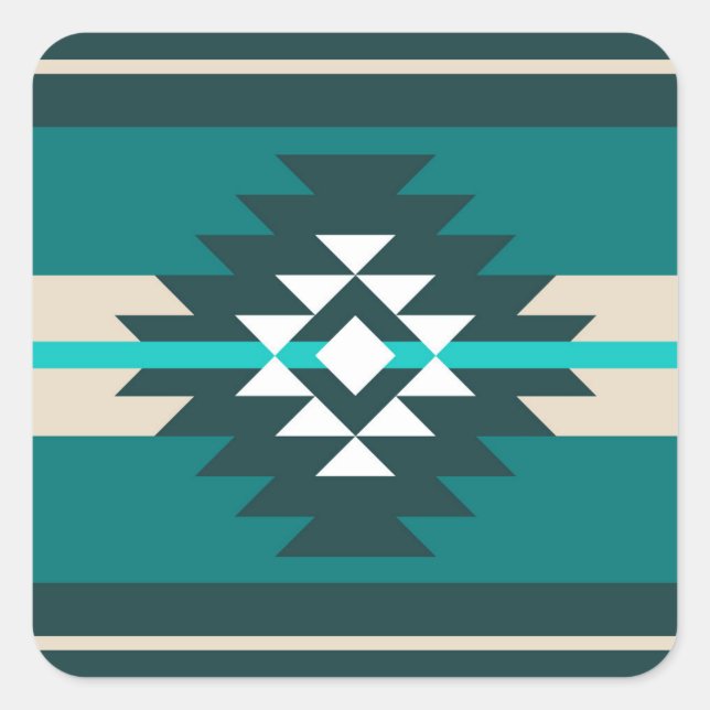 Aztec design in turquoise colour square sticker (Front)