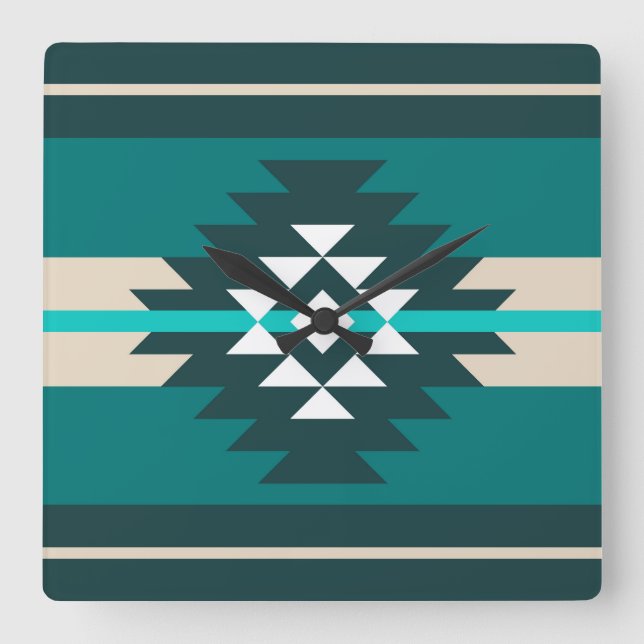Aztec design in turquoise colour square wall clock (Front)