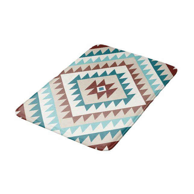 Aztec Diamond Motif Design Teals Creams Browns Bath Mat (Angled)