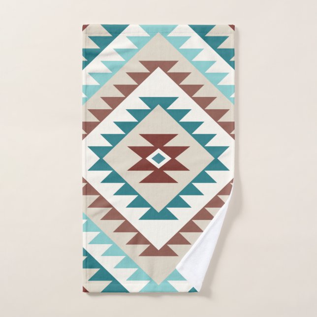 Aztec Diamond Motif Design Teals Creams Browns Bath Towel Set (Hand Towel)
