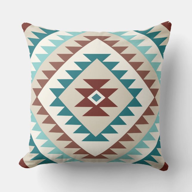 Aztec Diamond Motif Design Teals Creams Browns Cushion (Front)