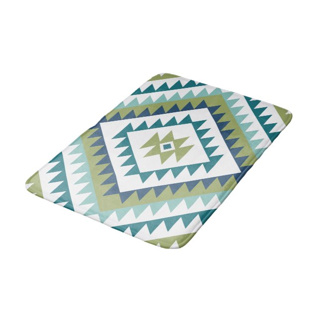 Aztec Diamond Motif Design Teals Lime Blue White Bath Mat (Angled)