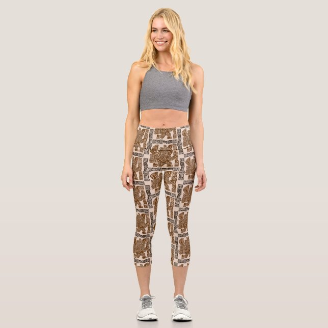 Aztec Eagle Warrior Tribal Ancient Art Capri Leggings (Front)