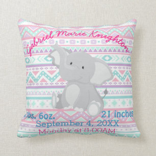 Aztec Elephant Baby Girl Birth Stats Personalised Cushion