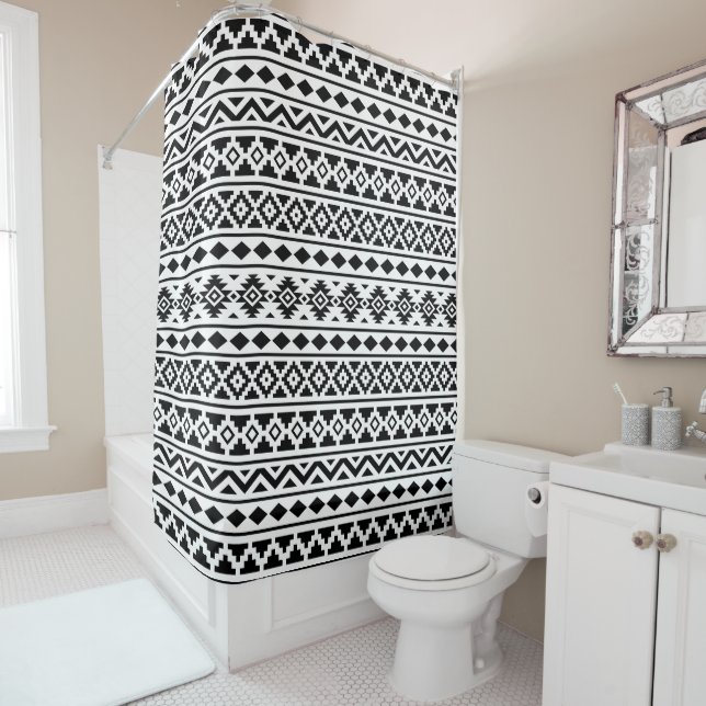 Aztec Essence Pattern II Black on White Shower Curtain (In Situ)