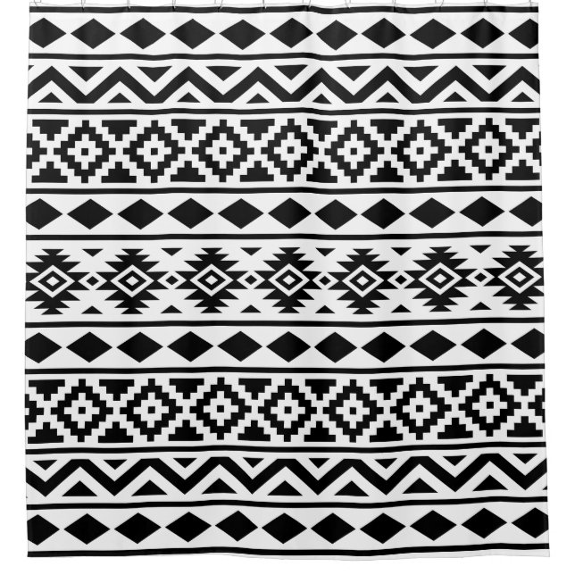 Aztec Essence Pattern III Black on White Shower Curtain (Front)