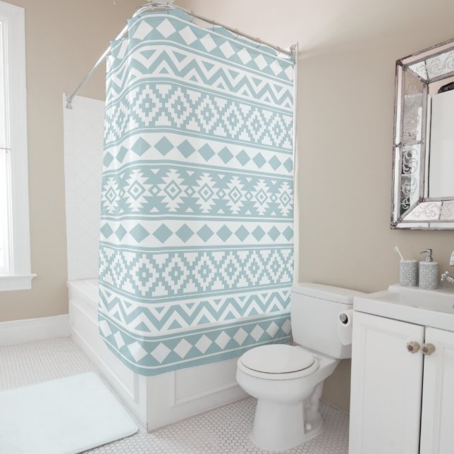 Aztec Essence Ptn IIIb Duck Egg Blue & White Shower Curtain (In Situ)