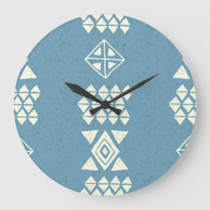 Aztec Ethnic: Blue Geometric Seamless. Large Clock