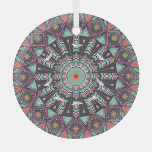 Aztec Geometric: Colorful Circle Pattern Glass Tree Decoration
