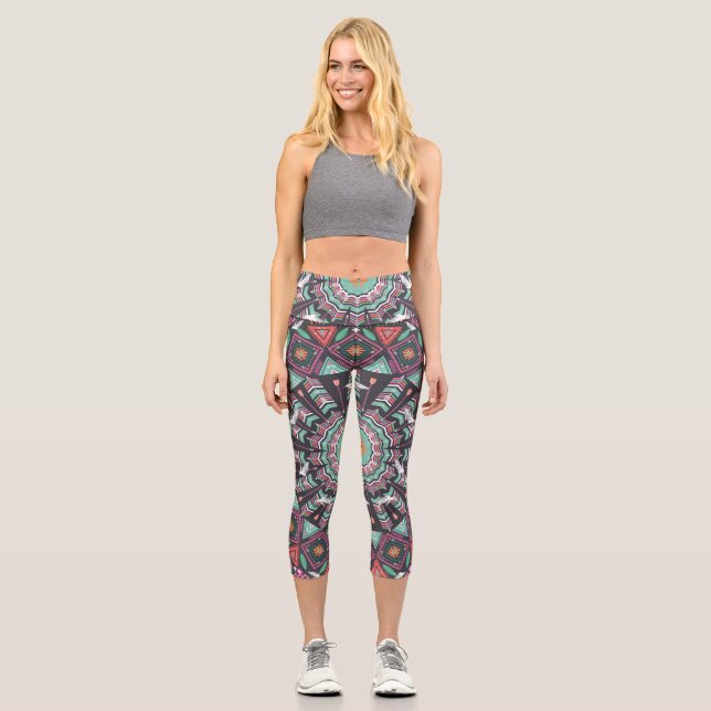 Aztec Geometric: Colourful Circle Pattern Capri Leggings (Front)