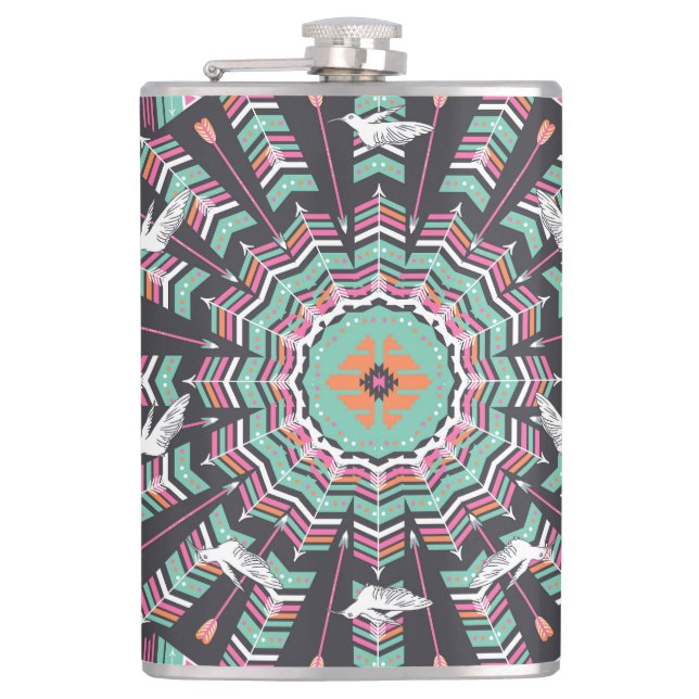 Aztec Geometric: Colourful Circle Pattern Hip Flask (Front)