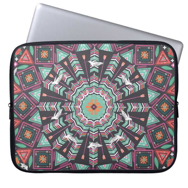 Aztec Geometric: Colourful Circle Pattern Laptop Sleeve (Front)